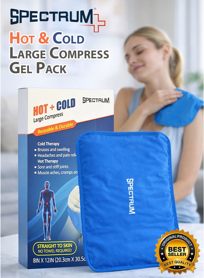 Spectrum Hot & Cold Pack Multi Purpose Large Compress 8 x 12 Inches Reusable Dual Therapy Gel Pack with Ultra Flexible Gel for Pain Relief, Swelling Reduction, Bruises, Inflammation, Muscle Aches, Muscle Cramps, Muscle Tension, Sore Muscles, Sore & Stiff Joints, Arthritis, Sprain & Strain, Sports Injury, Physiotherapy, Post-Workout Recovery, Pre/Post Workout Use, Post Surgery, Back, Neck, Shoulder, Knee, Hip, Thigh, Arm, Headache, Toothache Relief, Migraine, Sinus Discomfort, Fever Cooling Compress, Ice Pack & Heat Pack, Flexible Body Contouring Pad for Men Women Adults Kids - Image 1